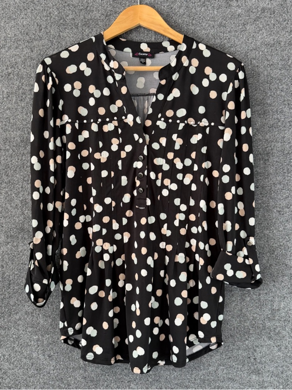 Cocomo Womens 3/4 Sleeve Dot Print Top Size Medium Black Office Career Stretch